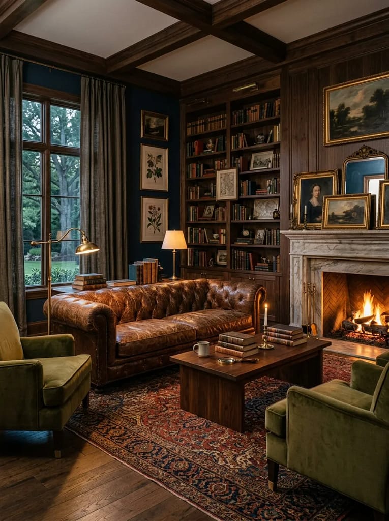 24 Dark Academia Living Room Ideas Full of Charm 4 Brown Leather Chesterfield Sofa