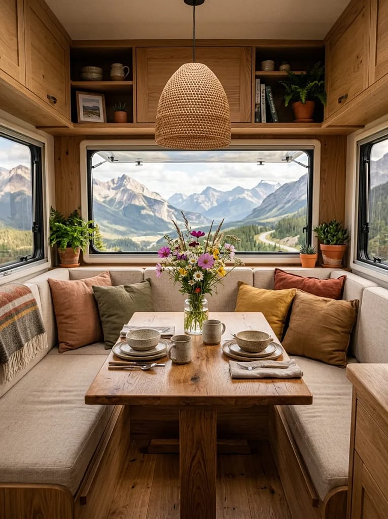 21 Boho Camper Interior Ideas for Cozy Tiny Living 19 Built-In Dining Nook