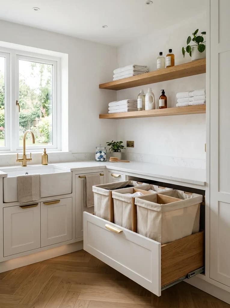 24 Laundry Room Storage Ideas to Maximize Every Inch 18 Built-In Hamper Pull-Out