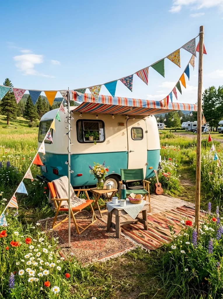 20 Camper Porch Decor Ideas for Cozy Outdoor Living 5 Camper Bunting Flags