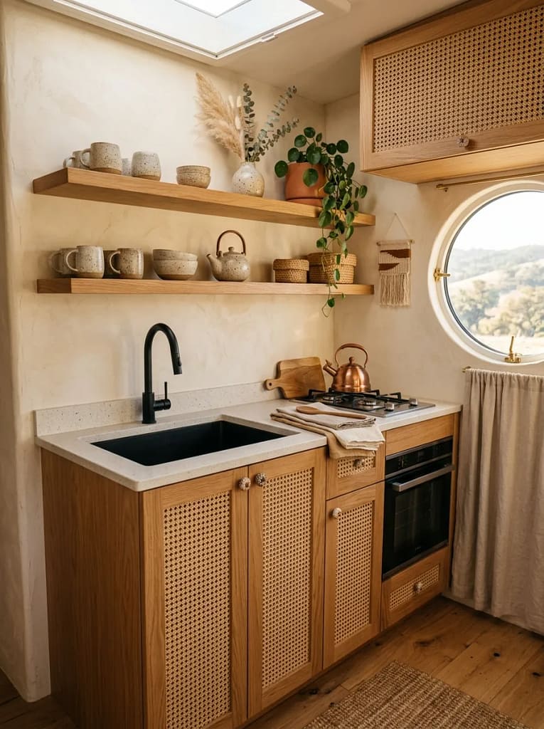 21 Boho Camper Interior Ideas for Cozy Tiny Living 3 Cane Cabinet Inserts