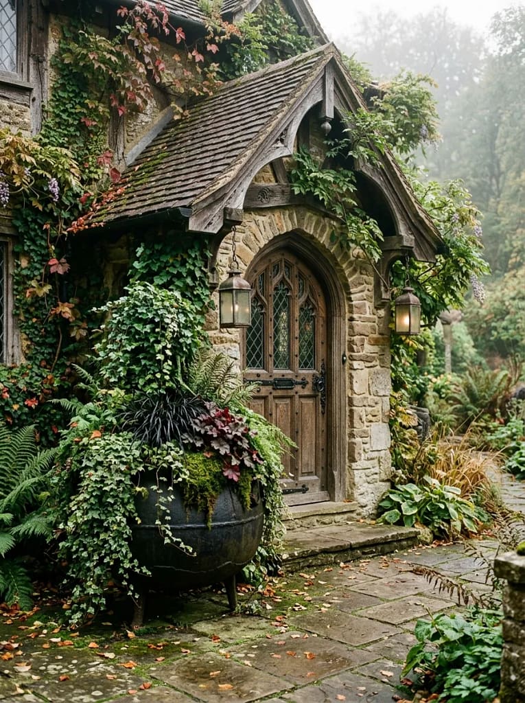 24 Witchcore Porch Ideas for Spooky Cozy Charm 18 Cauldron Planter Arrangement