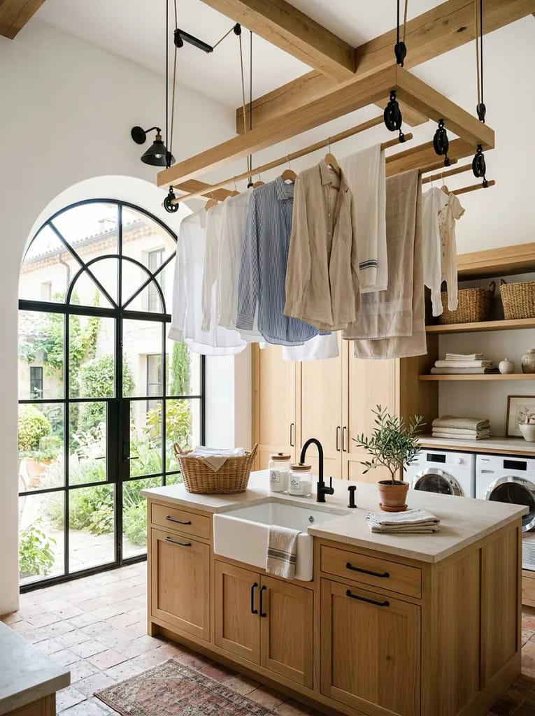 24 Laundry Room Storage Ideas to Maximize Every Inch 21 Ceiling-Mounted Drying Rack