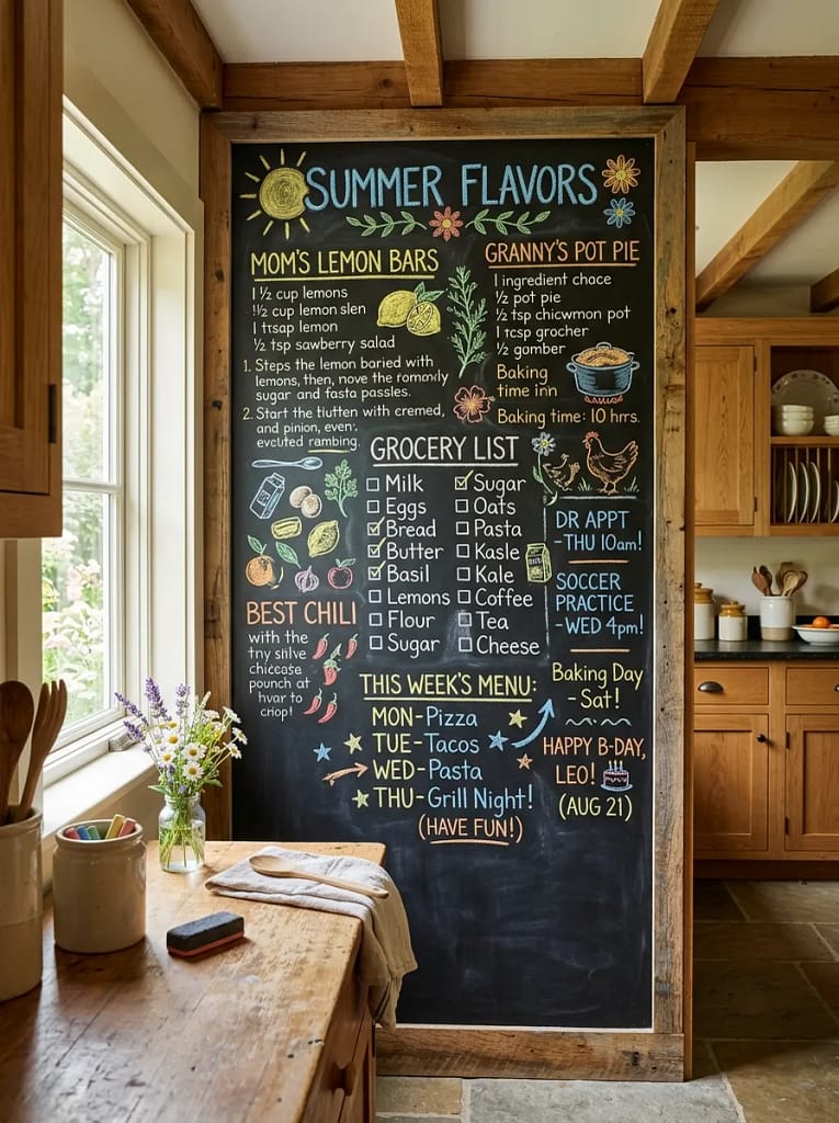 25 Kitchen Decor Ideas That Instantly Upgrade Any Space 9 Chalkboard or Message Board Wall