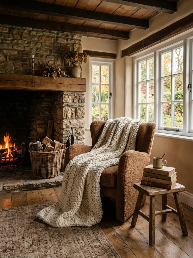 21 Farmhouse Fall Living Room Ideas Full of Warmth 3 Chunky Knit Throws