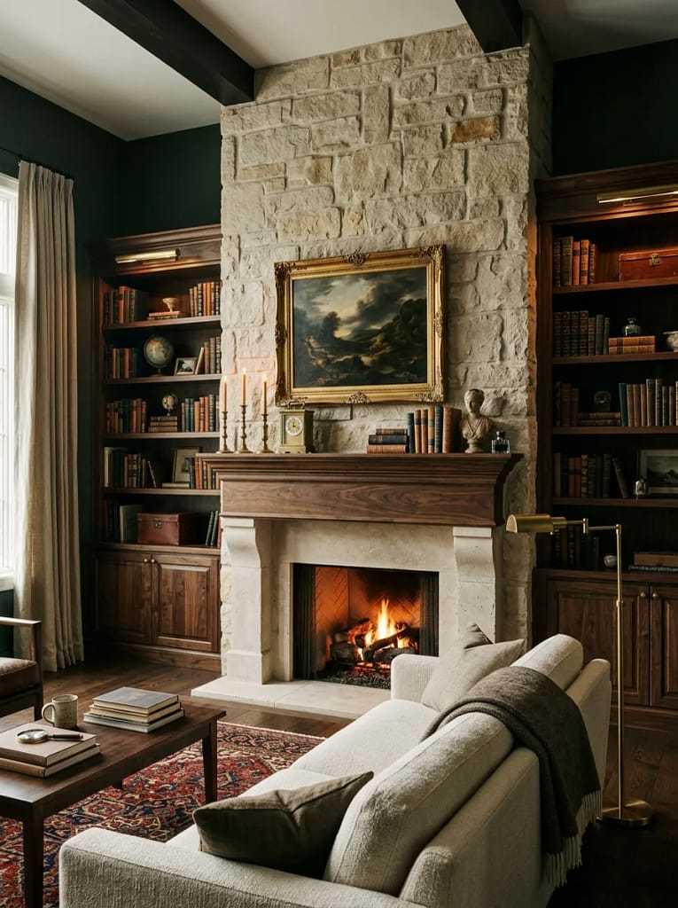24 Dark Academia Living Room Ideas Full of Charm 7 Classic Fireplace Mantel Styling