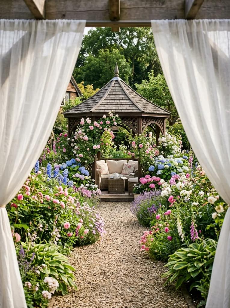 23 Shade Structure Ideas for Cool Outdoor Comfort 4 Classic Wooden Gazebo with Outdoor Curtains