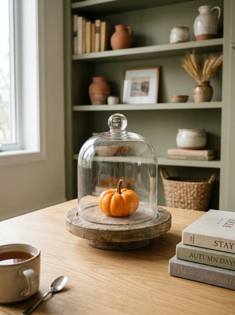 24 Fall Coffee Table Decor Ideas for Cozy Autumn Style 19 Cloche Display with Mini Pumpkins