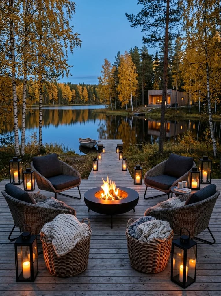 20 Fall Fire Pit Ideas for Cozy Backyard Evenings 18 Cozy Blanket and Lantern Fire Pit