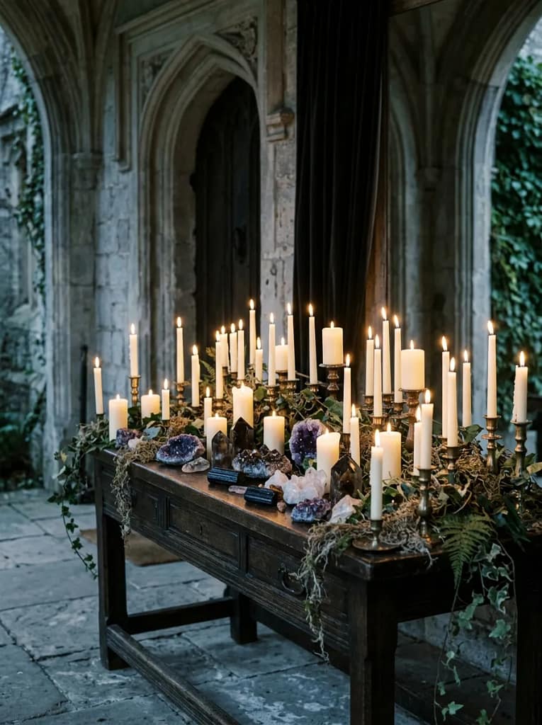 24 Witchcore Porch Ideas for Spooky Cozy Charm 15 Crystal and Candle Display
