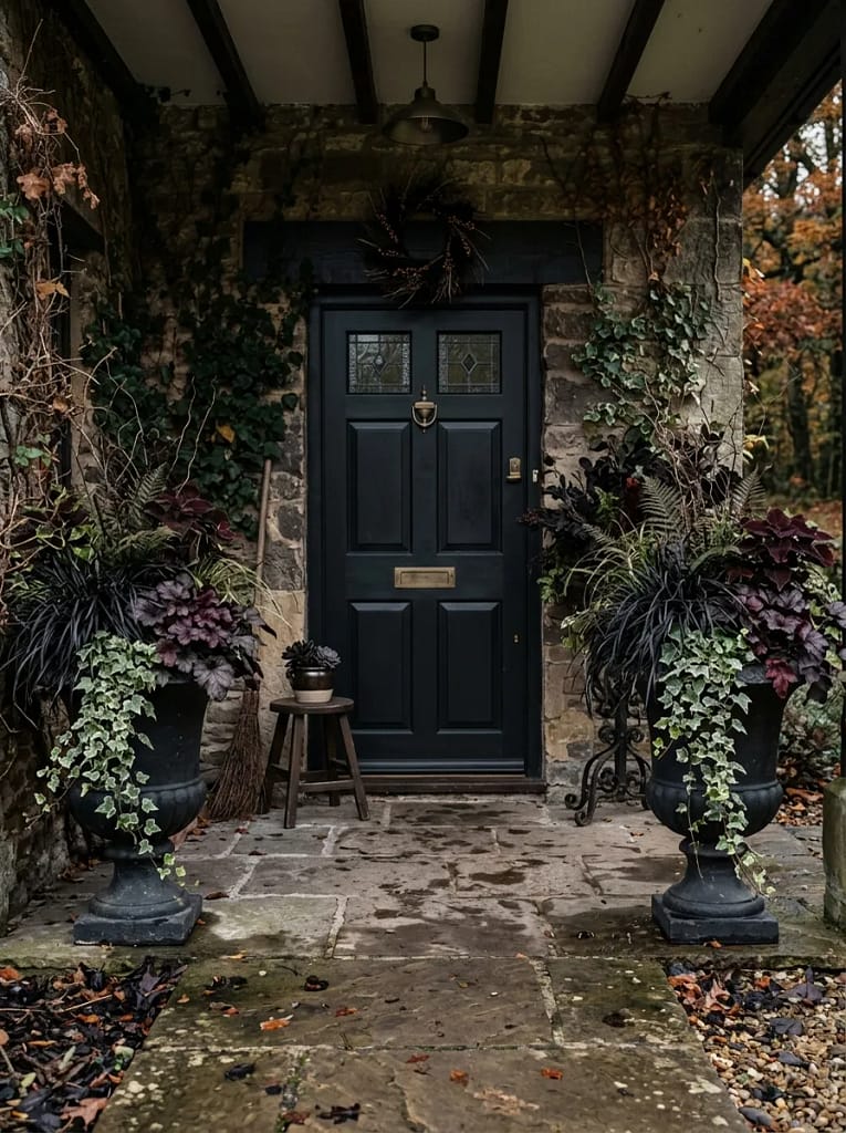 24 Witchcore Porch Ideas for Spooky Cozy Charm 21 Dark Botanical Porch Pots