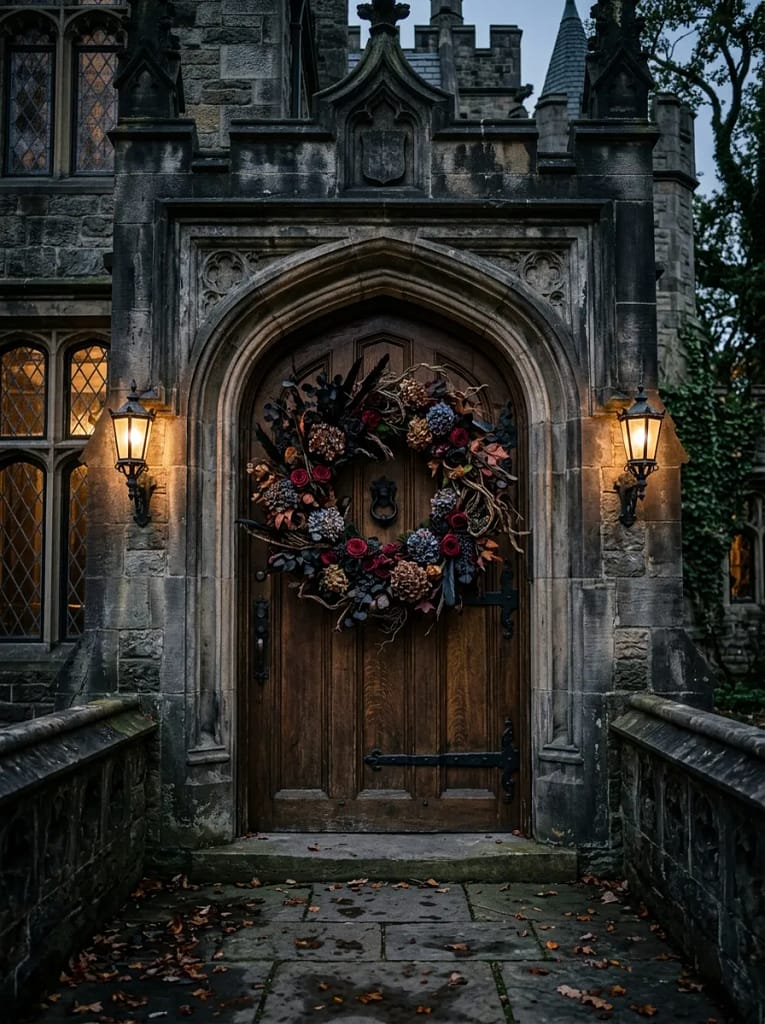 24 Witchcore Porch Ideas for Spooky Cozy Charm 11 Dark Floral Wreath