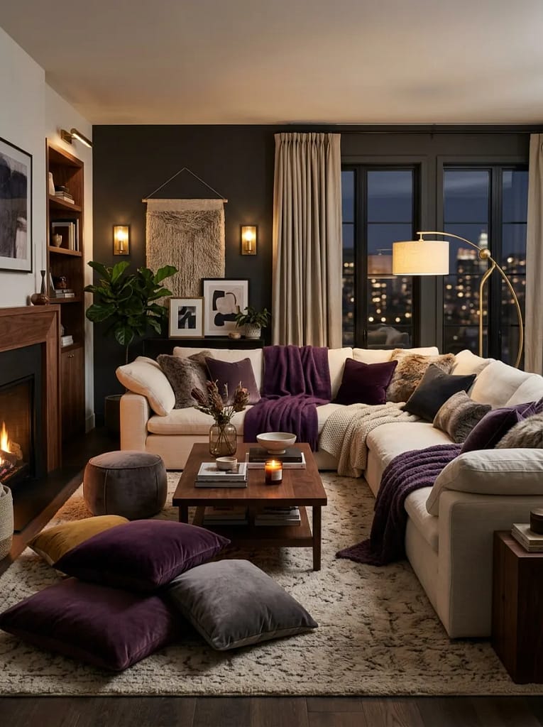 23 Moody Purple Living Room Ideas That Feel Luxe 22 Dark Purple Bedroom-Inspired Lounge Styling