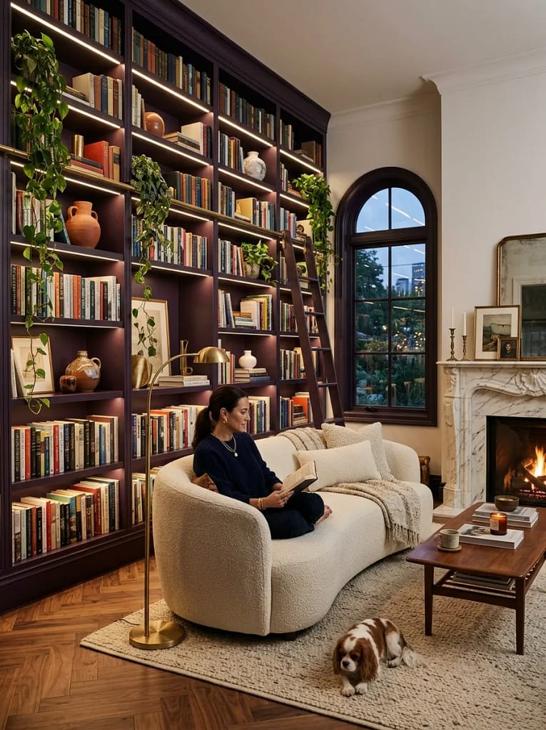 23 Moody Purple Living Room Ideas That Feel Luxe 7 Dark Purple Built-In Bookshelves