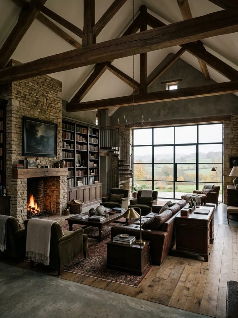 24 Dark Academia Living Room Ideas Full of Charm 18 Dark Stained Wood Ceiling Beams