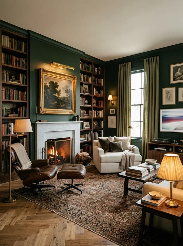 24 Dark Academia Living Room Ideas Full of Charm 3 Deep Green Painted Walls