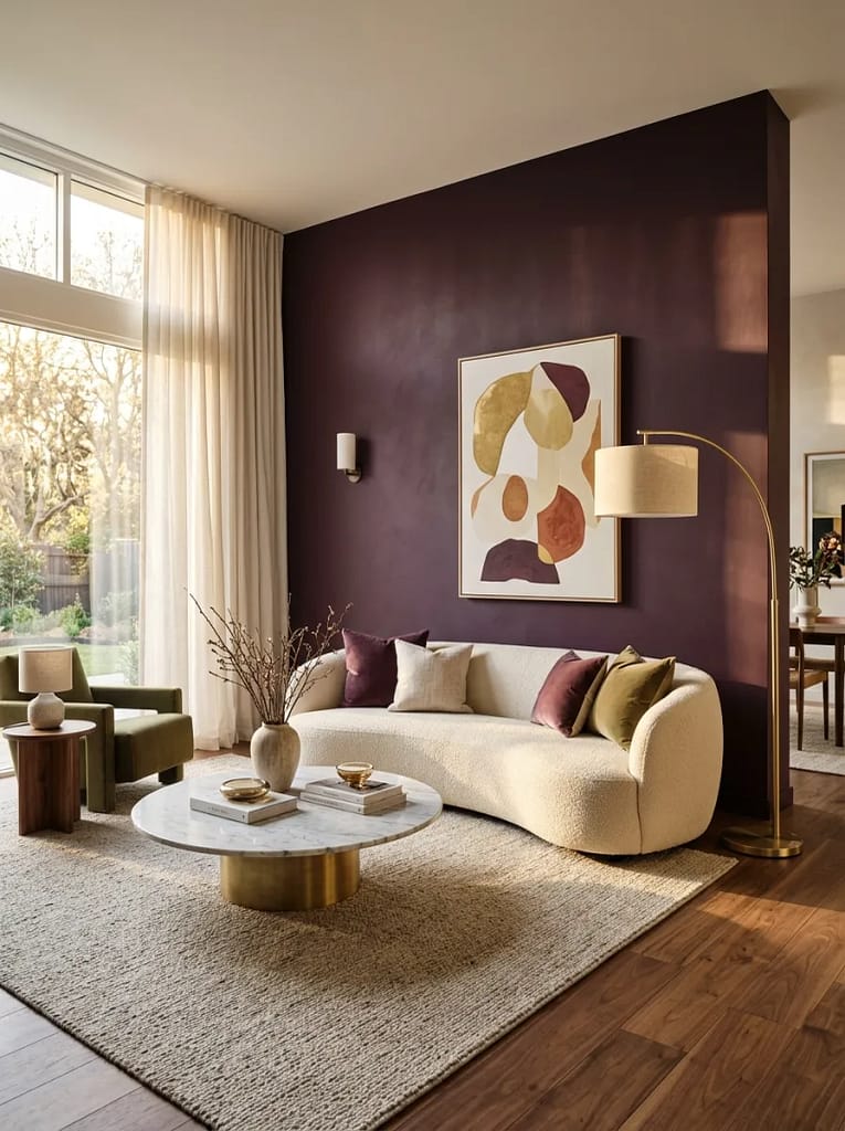 23 Moody Purple Living Room Ideas That Feel Luxe 2 Deep Plum Painted Accent Wall
