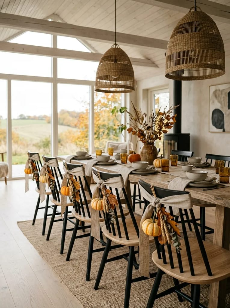 20 Pumpkin Gourd Decor Ideas for Charming Fall Homes 15 Dining Chair Pumpkin Tie Backs