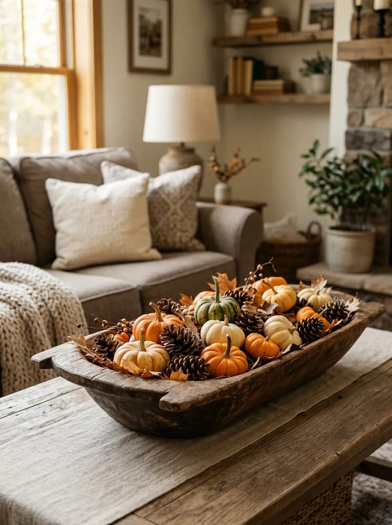 24 Fall Coffee Table Decor Ideas for Cozy Autumn Style 5 Dough Bowl Centerpiece
