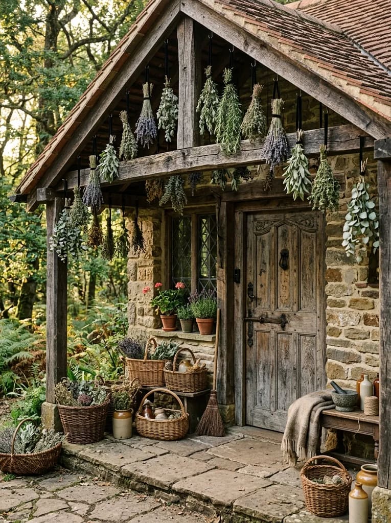 24 Witchcore Porch Ideas for Spooky Cozy Charm 3 Dried Herb Hanging Bundles