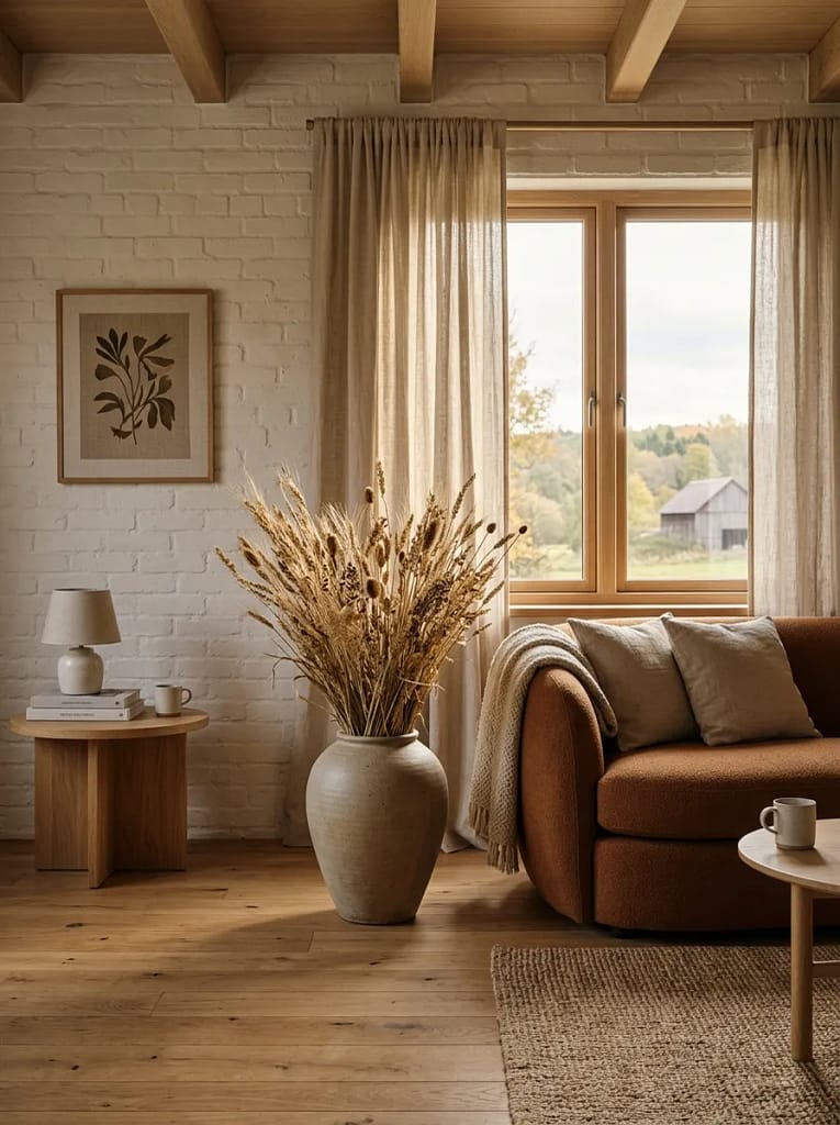 21 Farmhouse Fall Living Room Ideas Full of Warmth 7 Dried Wheat Arrangement