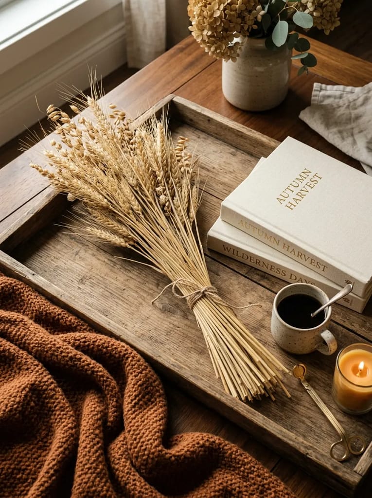 24 Fall Coffee Table Decor Ideas for Cozy Autumn Style 7 Dried Wheat Arrangement