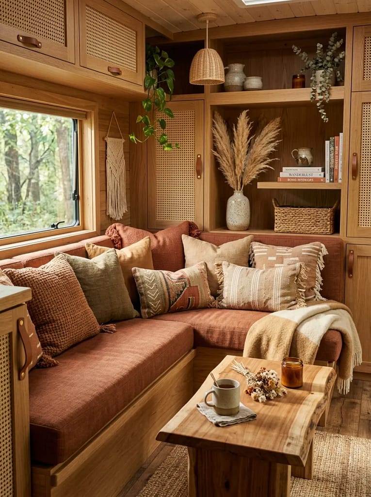 21 Boho Camper Interior Ideas for Cozy Tiny Living 10 Earth Tone Throw Pillows