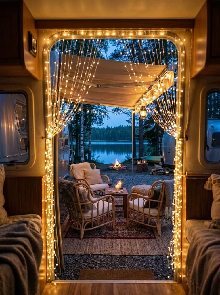 20 Camper Porch Decor Ideas for Cozy Outdoor Living 12 Fairy Light Curtain