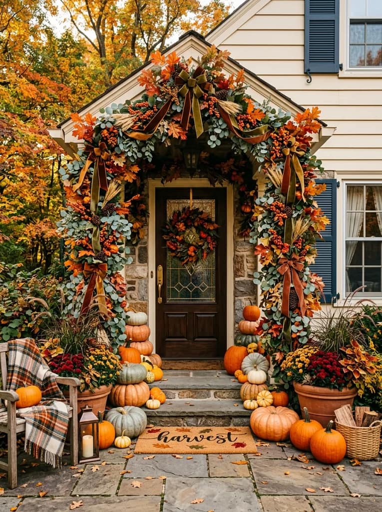 20 Maximalist Fall Porch Decor Ideas for Every Home 13 Fall Garland Around Doorway