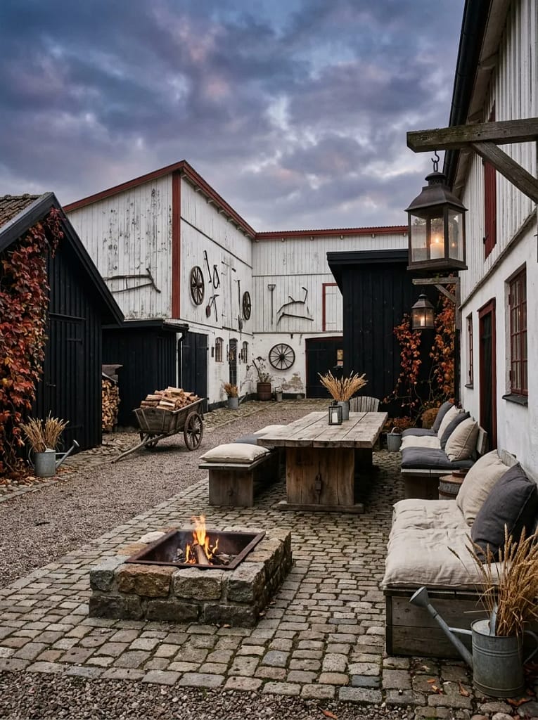 20 Fall Fire Pit Ideas for Cozy Backyard Evenings 11 Farmhouse Fire Pit Gathering Space