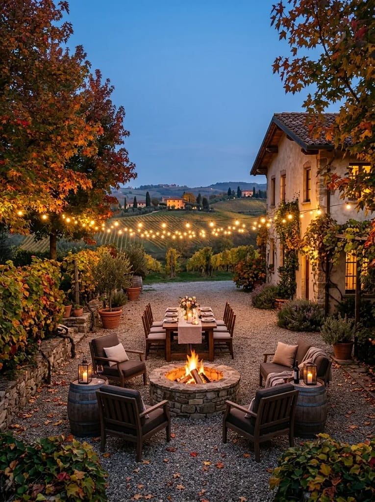 20 Fall Fire Pit Ideas for Cozy Backyard Evenings 16 Fire Pit with String Lights