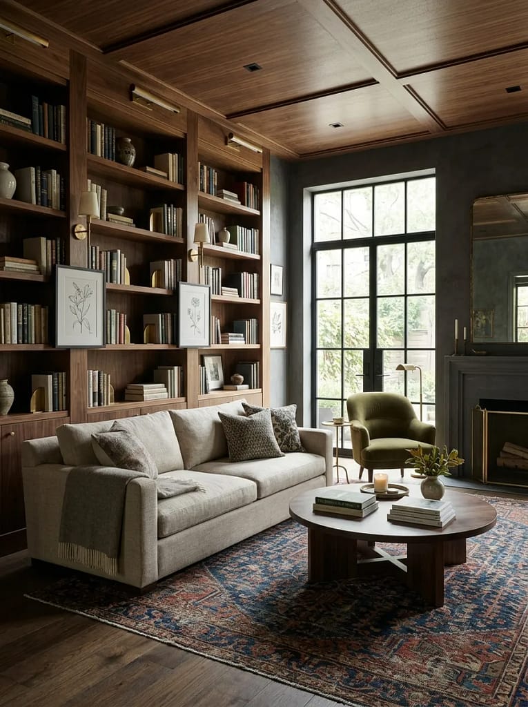 24 Dark Academia Living Room Ideas Full of Charm 2 Floor-to-Ceiling Built-In Bookshelves