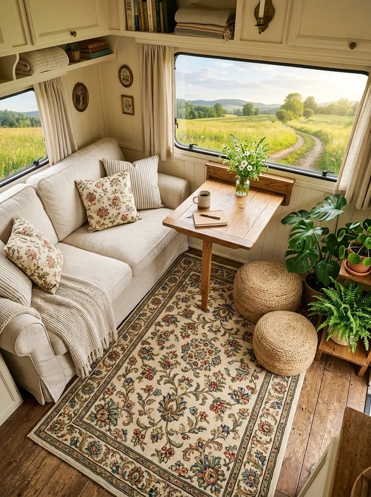 21 Camper Living Room Ideas for Cozy Tiny Interiors 10 Floral Area Rug