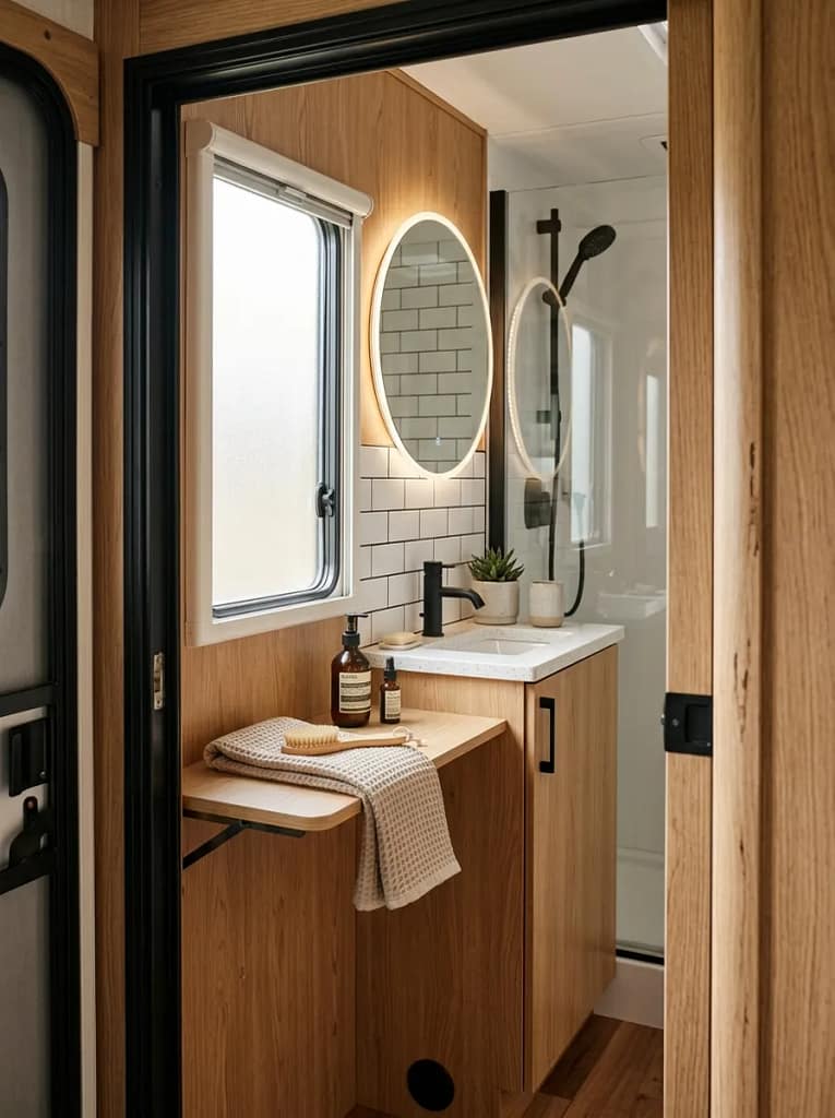 24 Camper Bathroom Storage Ideas for Small Spaces 12 Fold-Down Sink Shelf