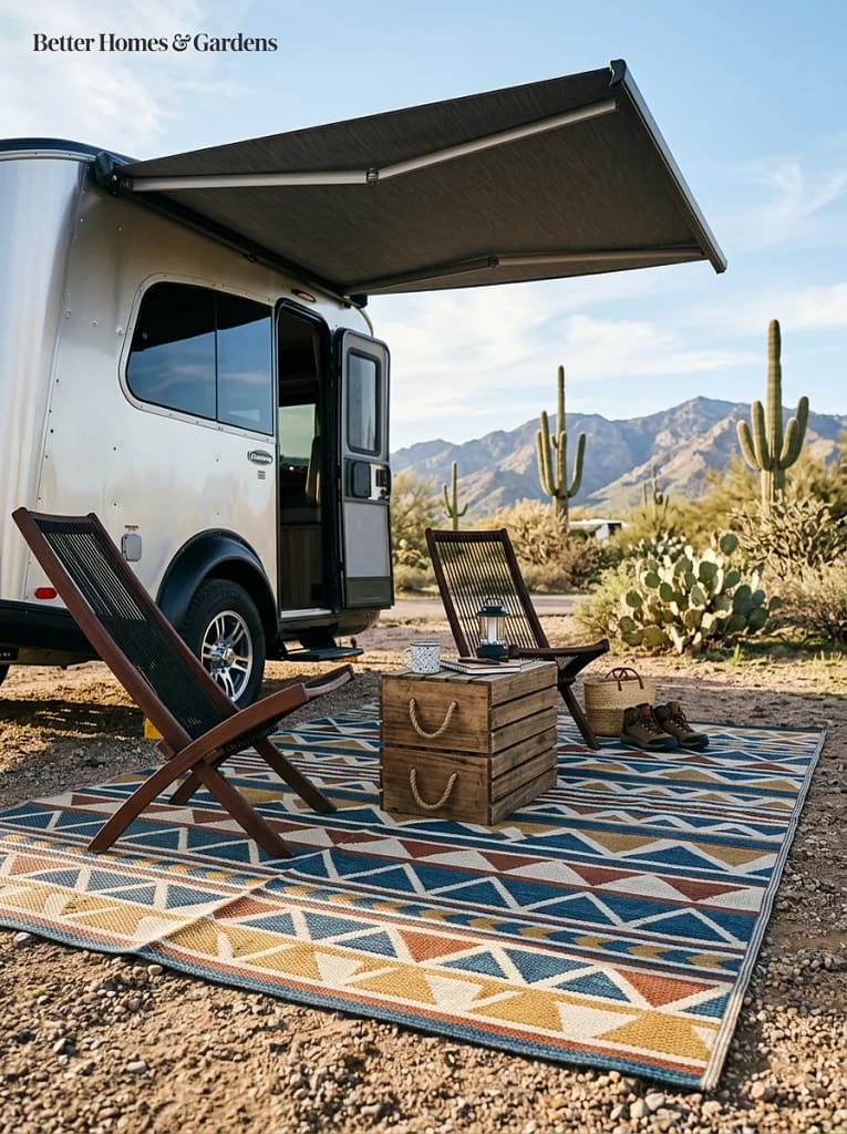 20 Camper Porch Decor Ideas for Cozy Outdoor Living 3 Foldable Camper Rug