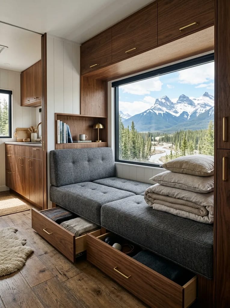 21 Camper Living Room Ideas for Cozy Tiny Interiors 3 Foldable Sofa Bed
