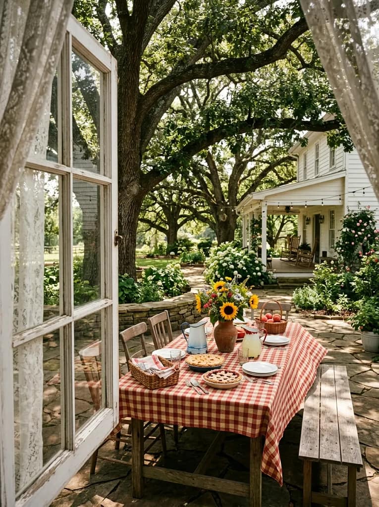 22 Backyard Potluck Table Ideas for Easy Entertaining 10 Gingham or Checked Tablecloth Styling