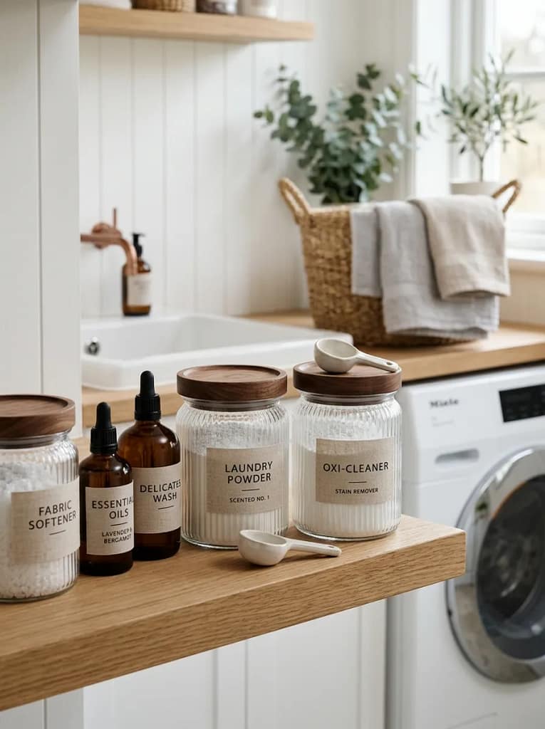 22 Laundry Room Decor Ideas for Stylish Small Spaces 19 Glass Detergent Jars