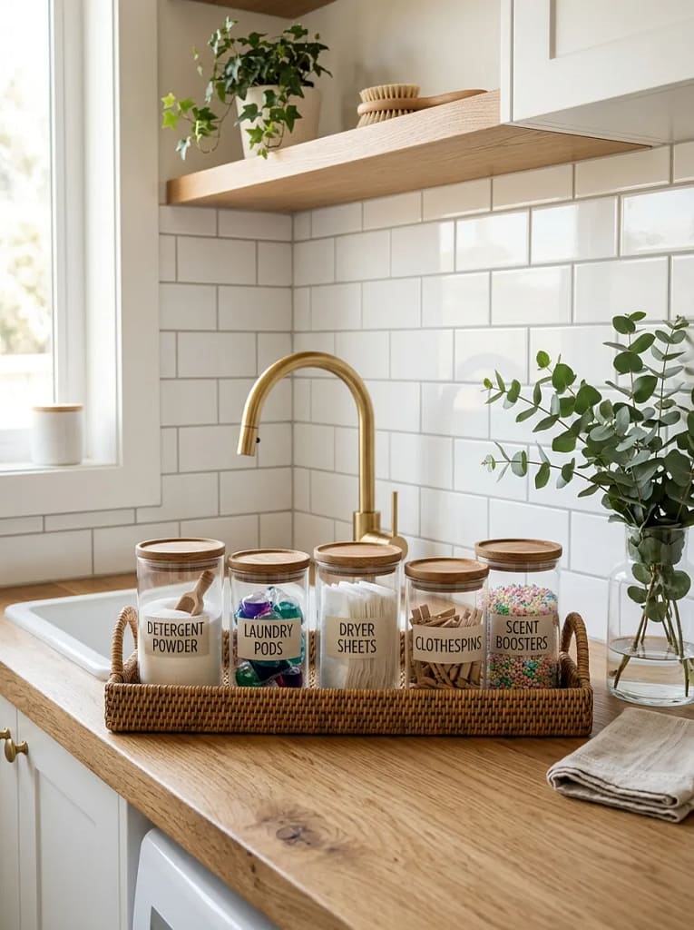 24 Laundry Room Storage Ideas to Maximize Every Inch 24 Glass Laundry Supply Canisters