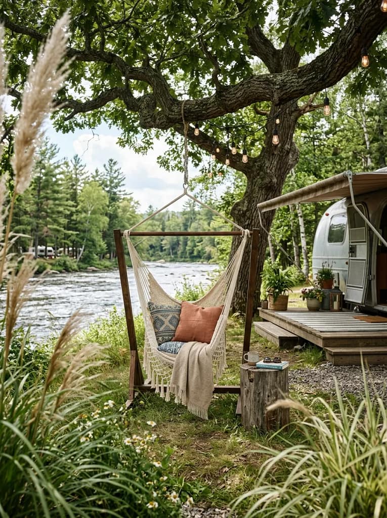 20 Camper Porch Decor Ideas for Cozy Outdoor Living 16 Hammock Chair Stand
