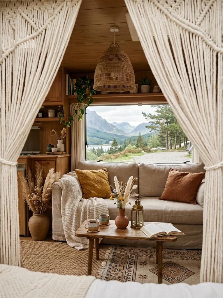 21 Camper Living Room Ideas for Cozy Tiny Interiors 9 Hanging Boho Curtains