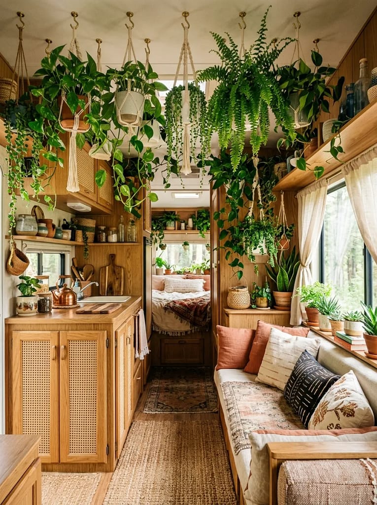 21 Boho Camper Interior Ideas for Cozy Tiny Living 14 Hanging Indoor Plants