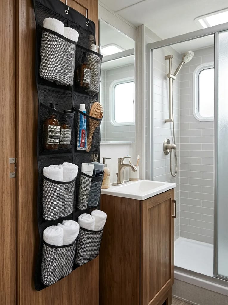 24 Camper Bathroom Storage Ideas for Small Spaces 3 Hanging Mesh Pockets