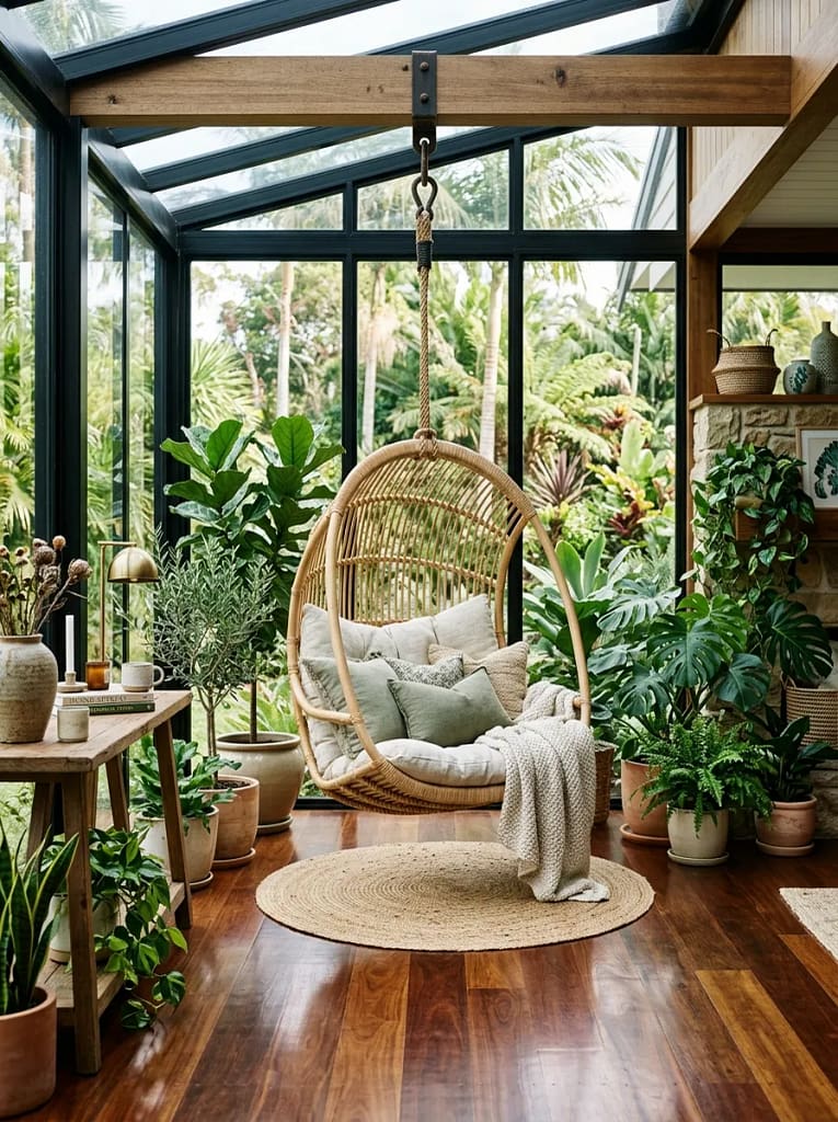 22 Cozy Sunroom Ideas for Bright Relaxing Spaces 10 Hanging Rattan Chair