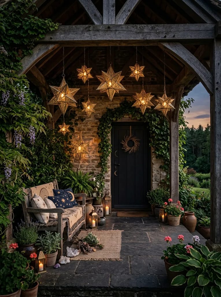24 Witchcore Porch Ideas for Spooky Cozy Charm 16 Hanging Star Lanterns