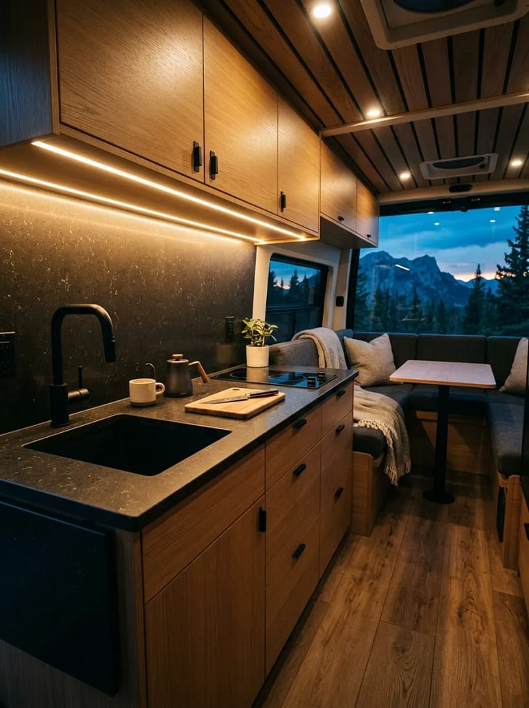 21 Camper Living Room Ideas for Cozy Tiny Interiors 11 LED Strip Under-Cabinet Light