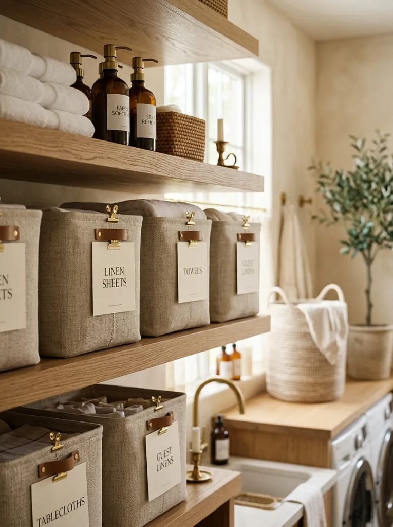 22 Fall Laundry Room Storage Ideas for Tidy Spaces 16 Labeled Storage Bins