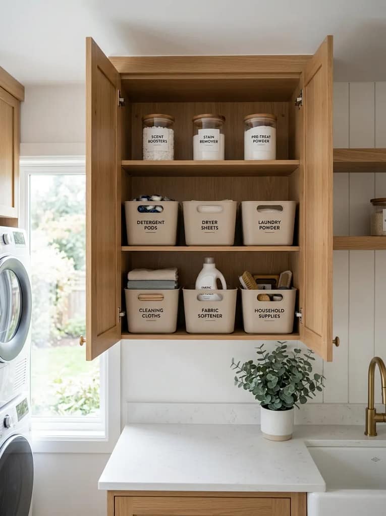 20 Laundry Room Organization Ideas for Clutter Free Space 4 Labeled Storage Bins