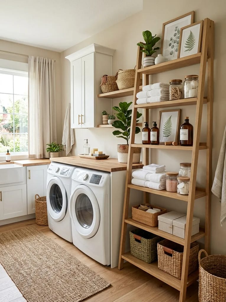 24 Laundry Room Storage Ideas to Maximize Every Inch 17 Ladder Shelf Tower