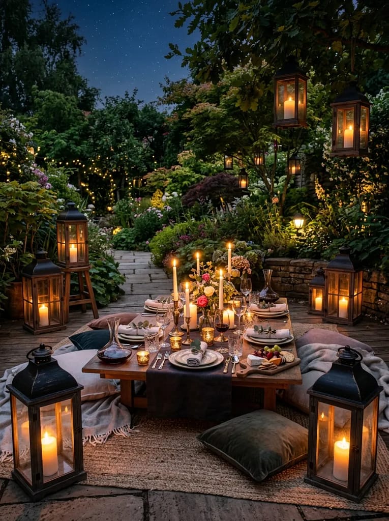 23 Outdoor Picnic Area Ideas for Backyard Gatherings 14 Lantern Lighting Display